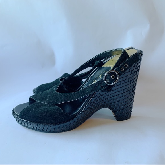 Cole Haan // Black Suede Criss Cross Woven Wedge Heels 6 - Picture 4 of 9